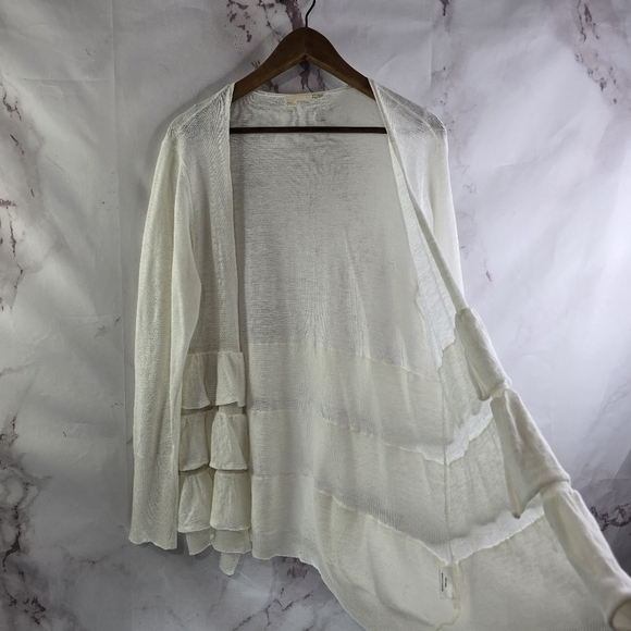 EILEEN FISHER Cardigan Womens Large Cream Linen Open Front Ruffle Sweater - Picture 9 of 12